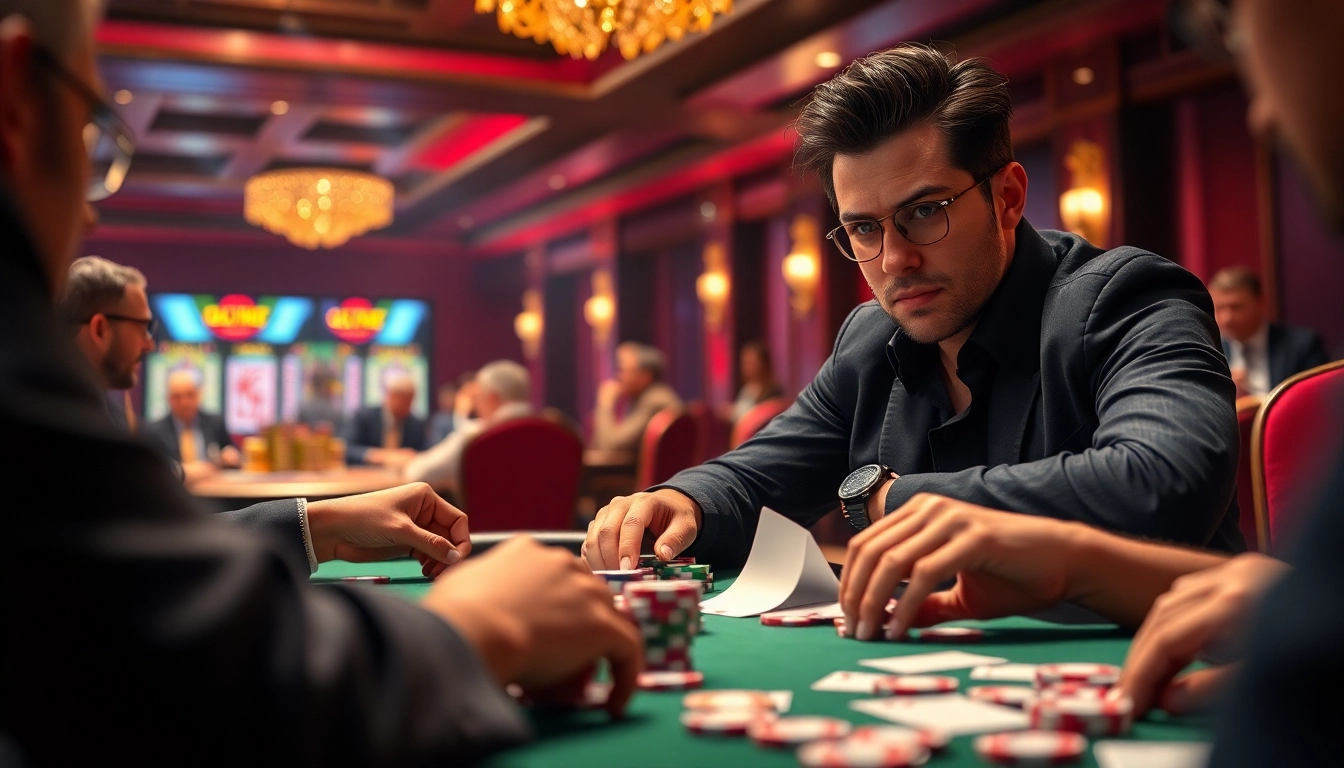 79king player confidently strategizing at a vibrant poker table in a luxurious casino.