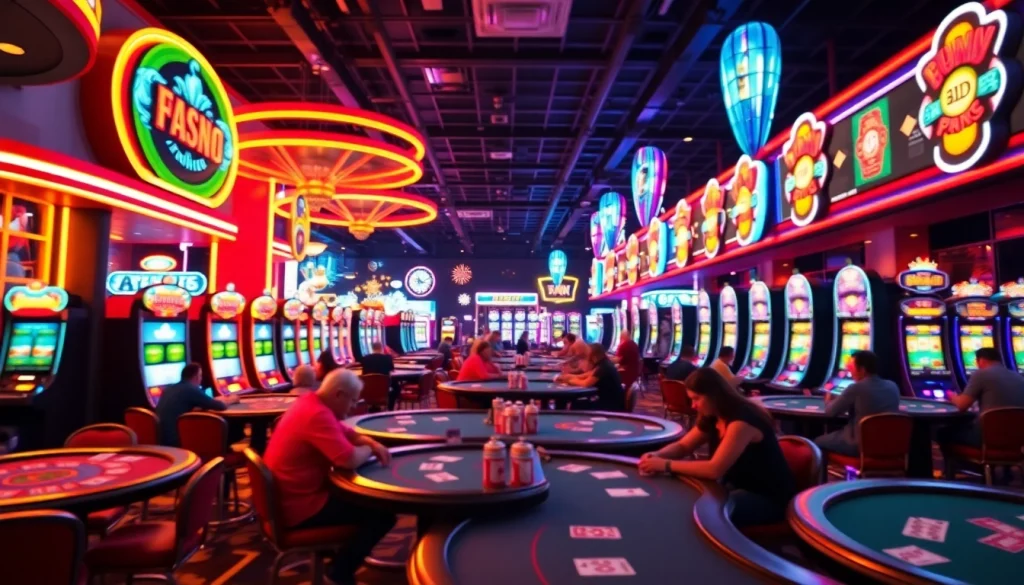 คาสิโนที่มีโต๊ะเกมและเครื่องสล็อตหลากหลายชนิดในบรรยากาศที่สดใส