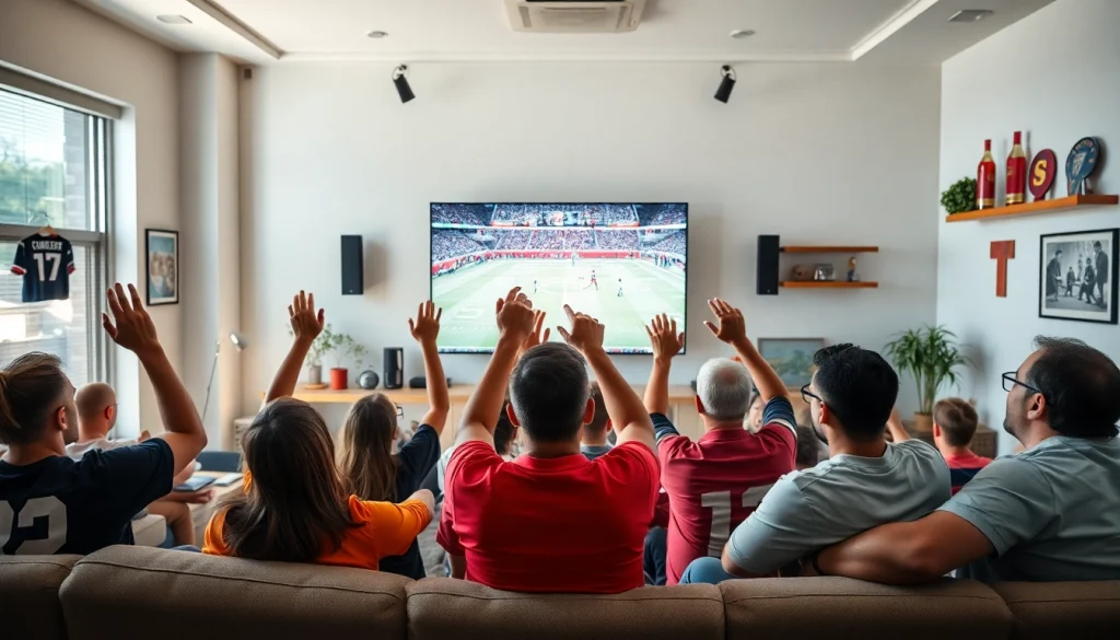 스포츠중계 중인 현대적인 거실에서의 스포츠 열기 있는 장면