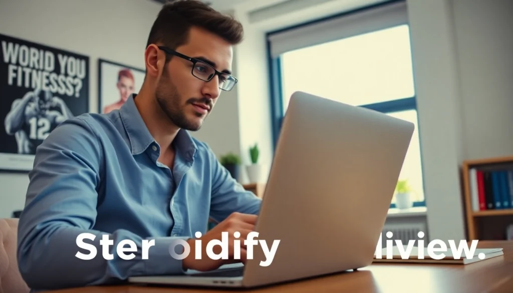 Eagerly investigating if Steroidify legit in a modern office with a laptop and fitness books.