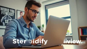 Eagerly investigating if Steroidify legit in a modern office with a laptop and fitness books.