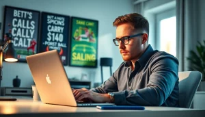Gambler analyzing new88bet strategies on a laptop in a bright home office.