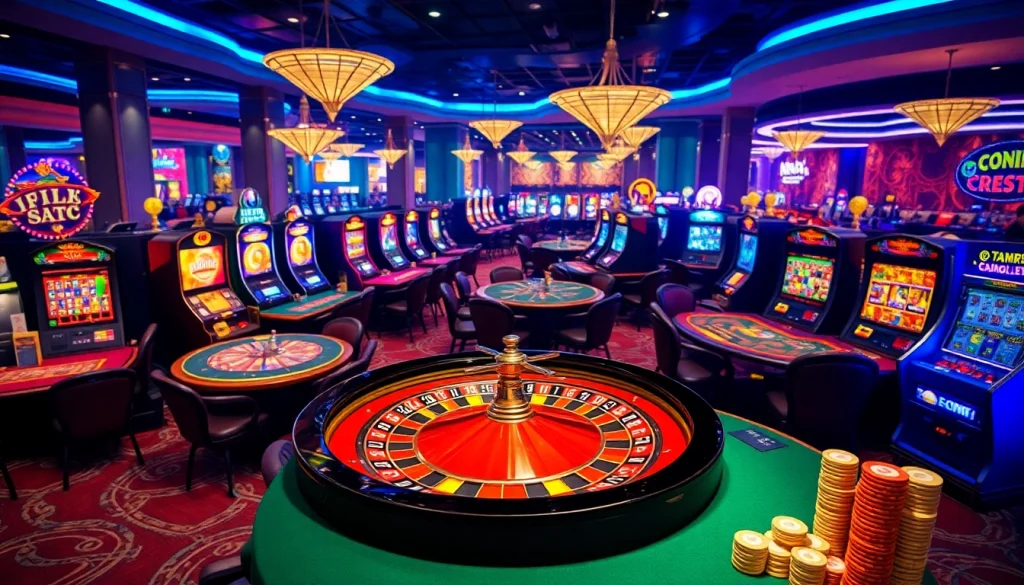 KJC AC 1 casino atmosphere with vibrant slot machines and roulette.