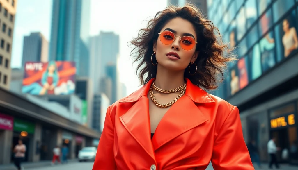 Showcase modern fashion styles at https://www.northernfashions.com with a vibrant urban backdrop.