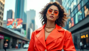 Showcase modern fashion styles at https://www.northernfashions.com with a vibrant urban backdrop.