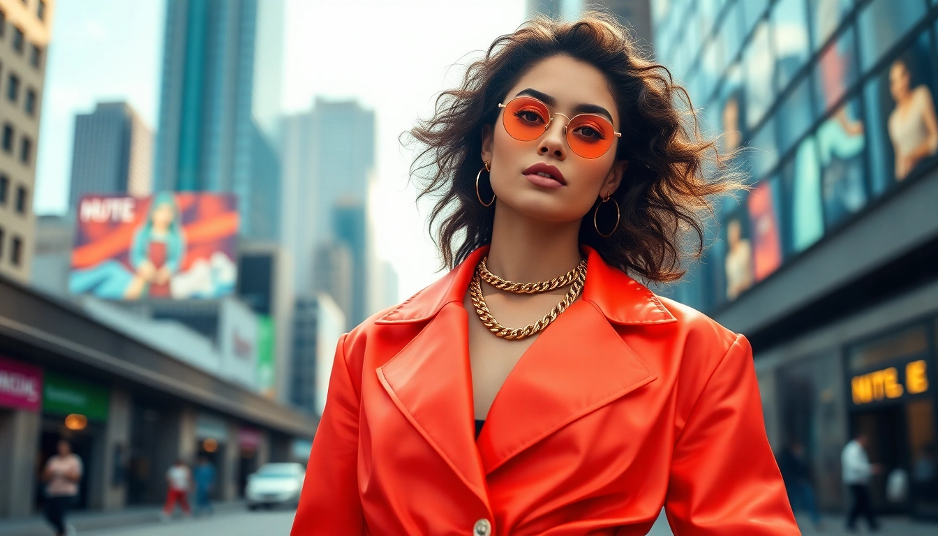 Showcase modern fashion styles at https://www.northernfashions.com with a vibrant urban backdrop.