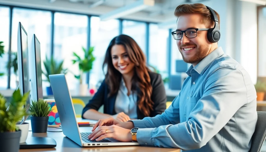 Technician offering computer support while working on a laptop in a modern office.