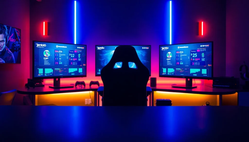 Menggambarkan pengaturan permainan online jentoto yang modern dengan layar dan lampu LED berwarna.
