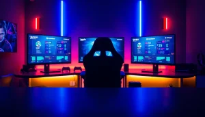 Menggambarkan pengaturan permainan online jentoto yang modern dengan layar dan lampu LED berwarna.