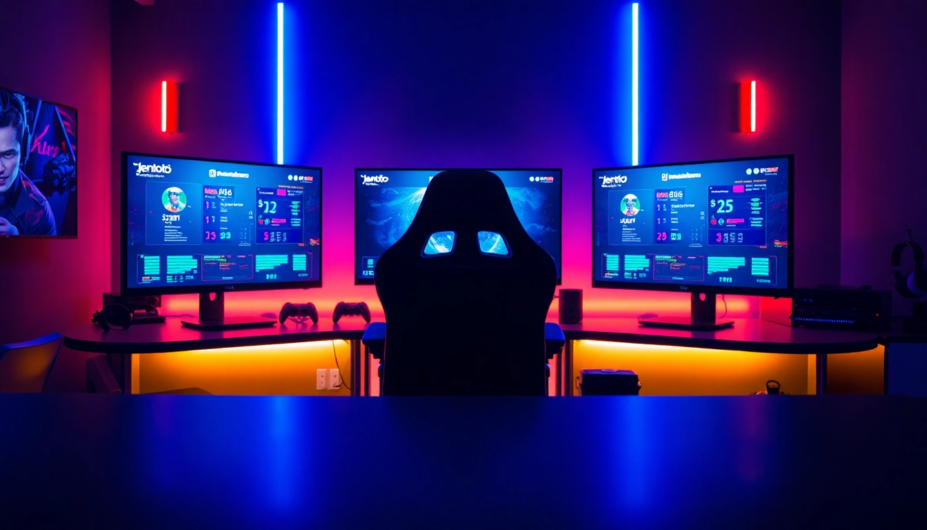 Menggambarkan pengaturan permainan online jentoto yang modern dengan layar dan lampu LED berwarna.