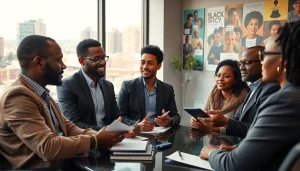 Journalists discussing stories related to blackchronicle in a vibrant and dynamic editorial setting.