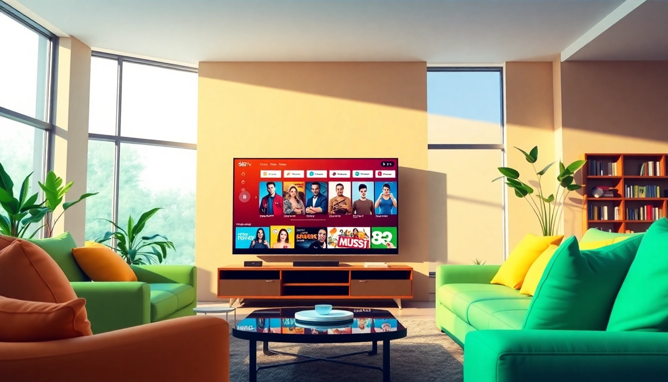 365tv 다양한 콘텐츠가 표시된 현대적인 스마트 TV를 보여주는 일러스트