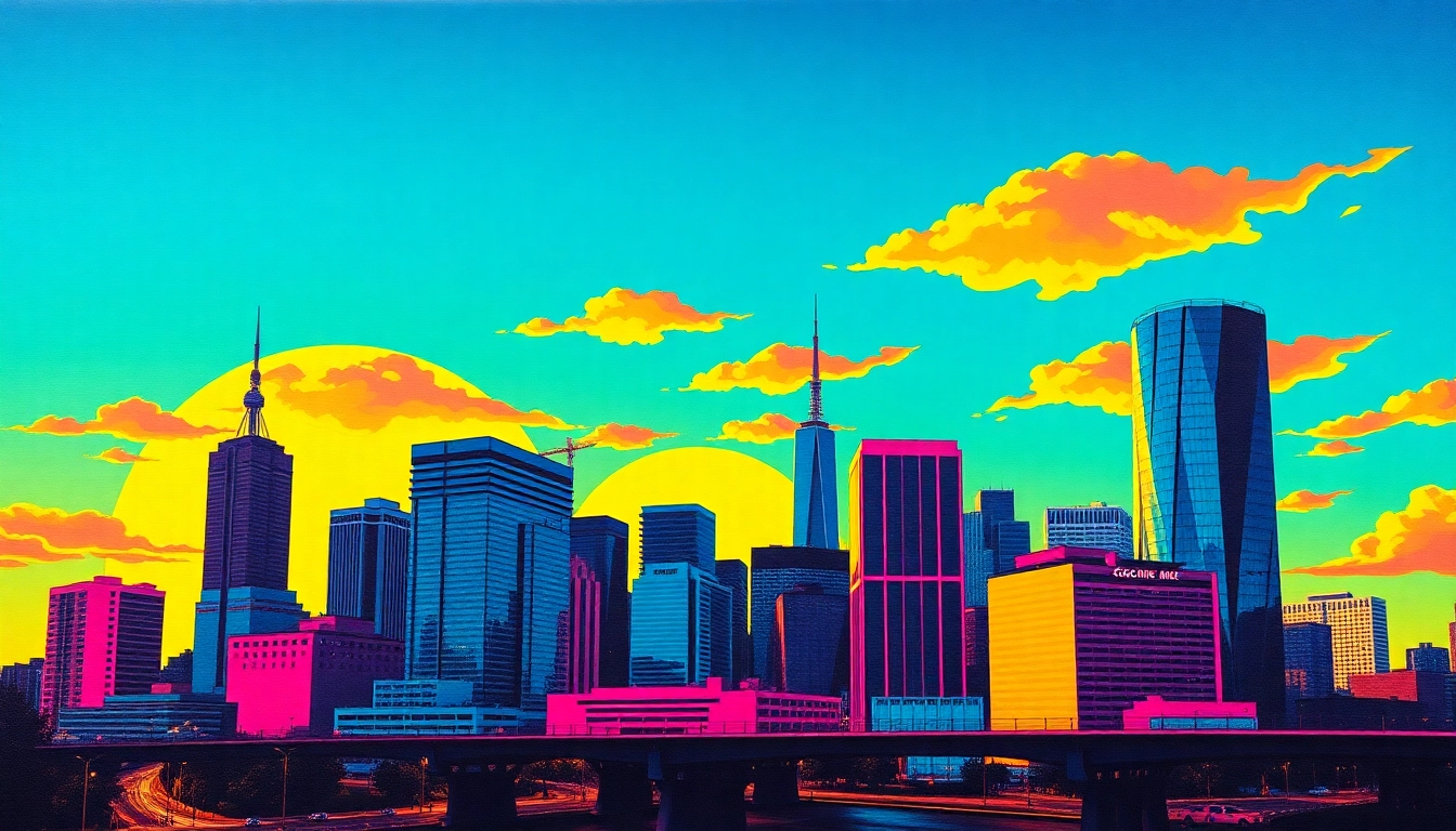 Engaging pop art canvas depicting a vibrant city skyline in retro style with bold colors and patterns.