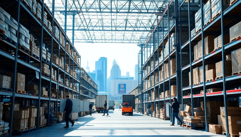 Find a warehouse near me with modern shelving and busy logistics activity.