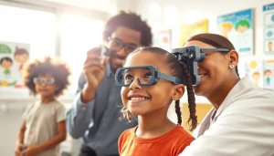 Our Children's Vision promotes children receiving eye care in a bright clinic, illustrating proactive health awareness.