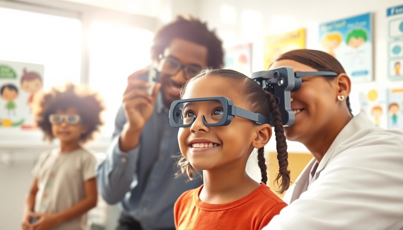 Our Children's Vision promotes children receiving eye care in a bright clinic, illustrating proactive health awareness.