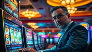 Menyalakan slot gacor melalui mesin slot modern dengan latar belakang kasino ramai.