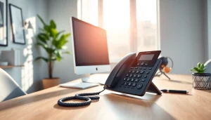 Engaging VOIP phone setup in a modern home office, enhancing productivity and connectivity.