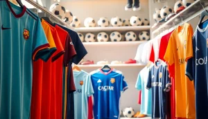 Shop vibrant football kits featuring various colors and designs in an engaging display.