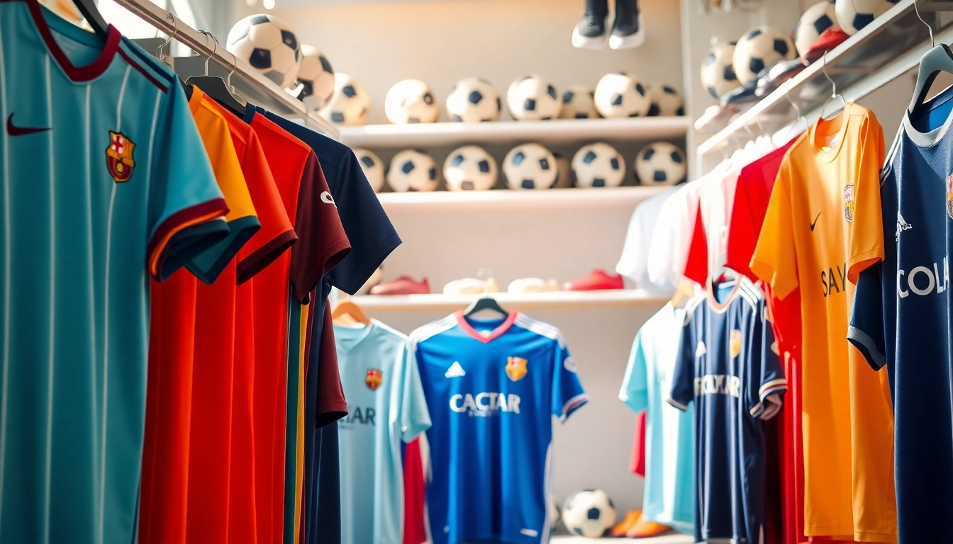 Shop vibrant football kits featuring various colors and designs in an engaging display.