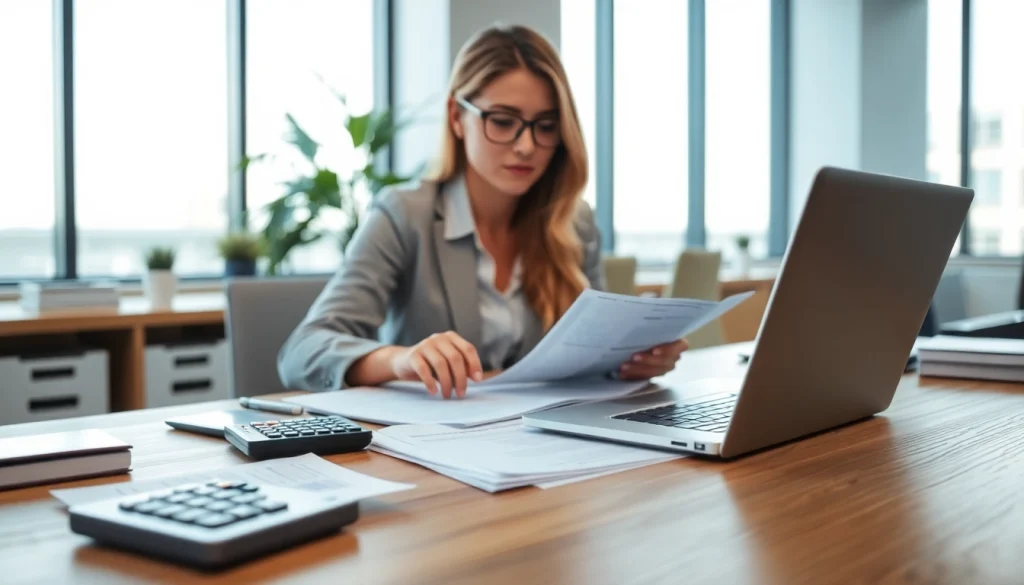 Engaging in small business accounting and bookkeeping at a modern office setup.