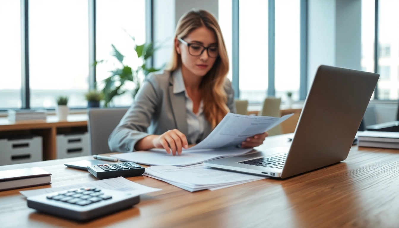 Engaging in small business accounting and bookkeeping at a modern office setup.