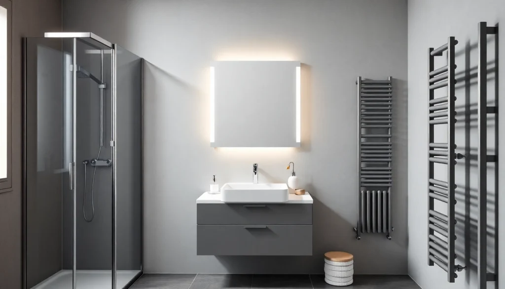 Sonni sanitär showcases modern bathroom designs with elegant shower enclosures and mirrors.