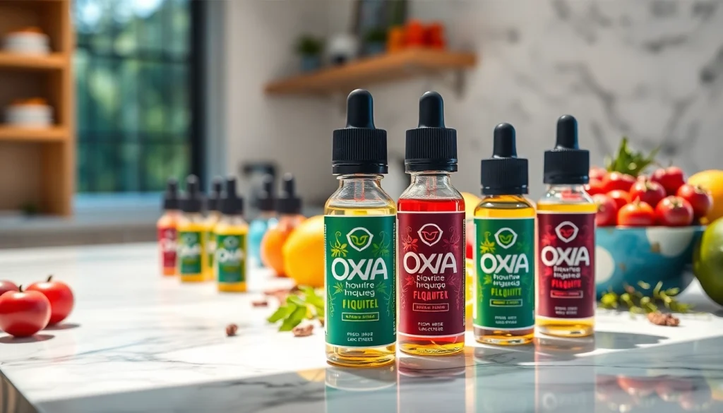 Oxva Liquid Bottles with vibrant flavors displayed aesthetically on a countertop.