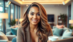 Vogue Williams engaging in an interview for https://diknews.co.uk/vogue-williams/ in a modern office setting.