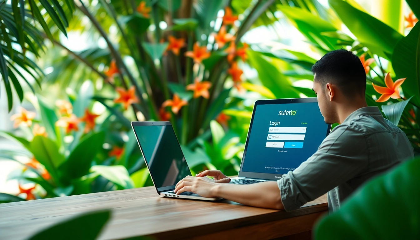 Melihat proses suletoto login di laptop di lingkungan tropis yang cerah.