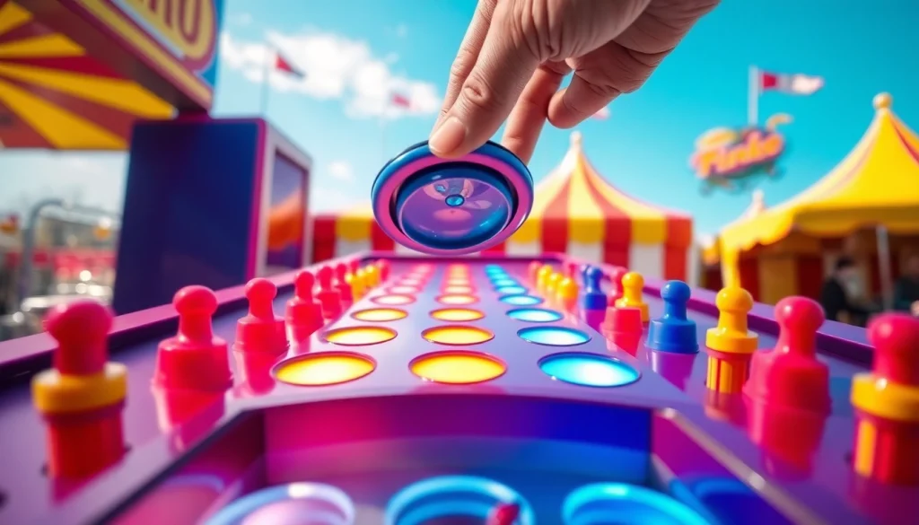 Playing the exciting plinko game with vibrant pegs and colorful slots in a carnival.