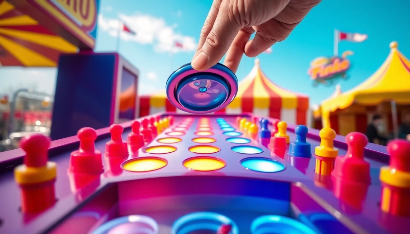 Playing the exciting plinko game with vibrant pegs and colorful slots in a carnival.