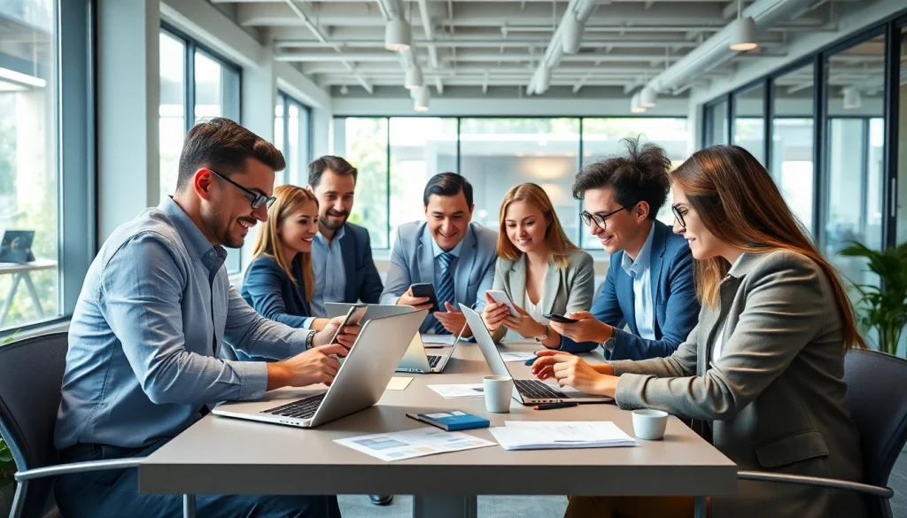 Promote LinkedIn Profile Rental service with business professionals collaborating in a modern office.