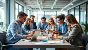 Promote LinkedIn Profile Rental service with business professionals collaborating in a modern office.