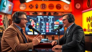 Sportsbytes.com.ph journalists discussing the latest sports news in a vibrant studio setting.