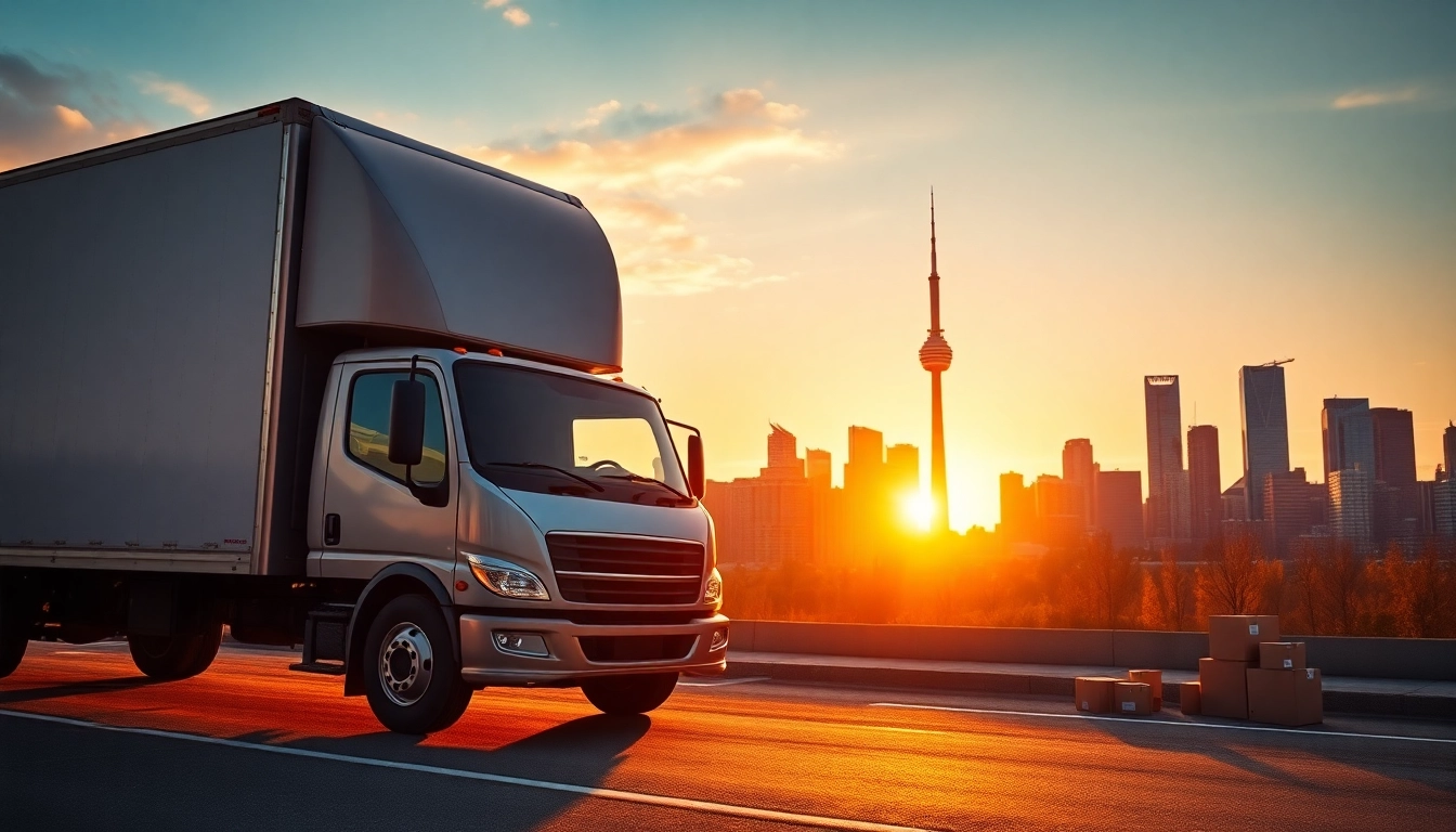 Toronto moving company truck parked before Toronto skyline capturing the essence of urban relocation.