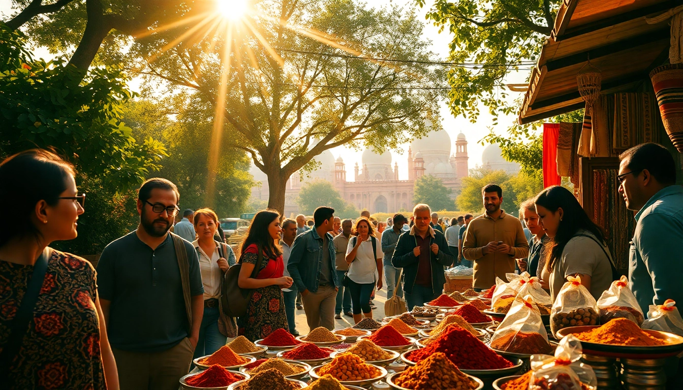 Travelers engaging with vibrant marketplace at https://travelvixta.com, showcasing colorful spices and lively culture.