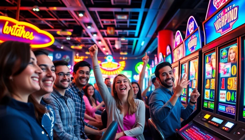 Menggambarkan pengalaman bermain di https://rusia777.com dengan mesin slot digital yang cerah dan pemain merayakan kemenangan.