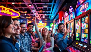 Menggambarkan pengalaman bermain di https://rusia777.com dengan mesin slot digital yang cerah dan pemain merayakan kemenangan.