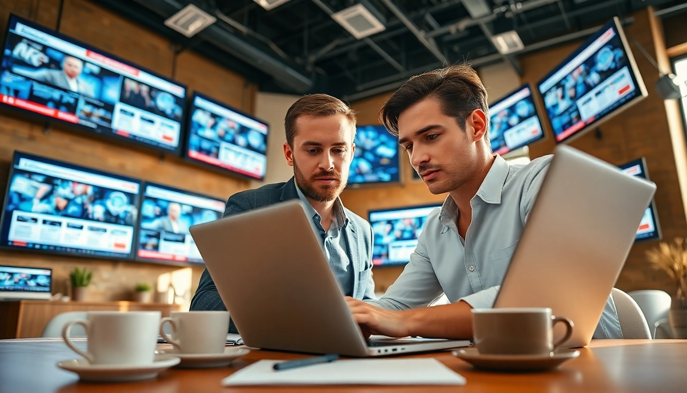 Thephoenixnewspaper journalist typing passionately in a vibrant modern newsroom filled with screens.