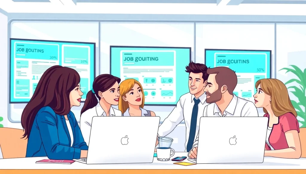 Recruiters discussing a free job post in a modern office environment with digital job listings.