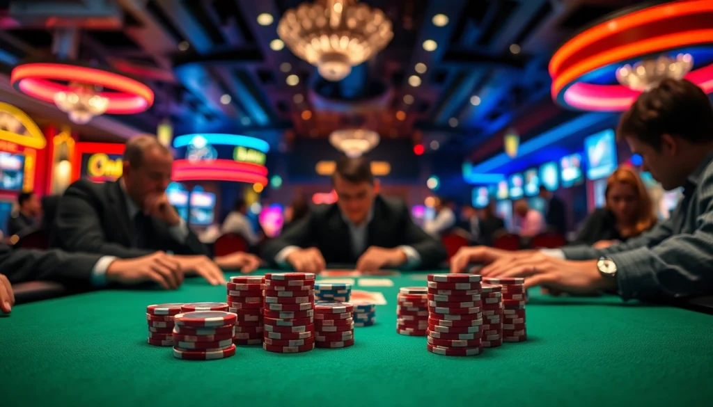 Engaged players at a poker game showcasing the excitement of 79king in a vibrant casino setting.
