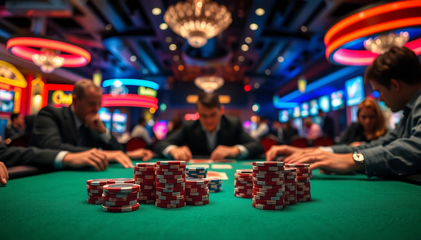 Engaged players at a poker game showcasing the excitement of 79king in a vibrant casino setting.
