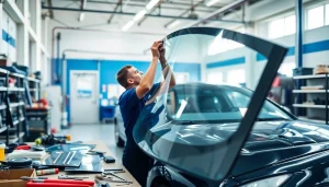 Efficient same day auto glass service Denver by a skilled technician in a clean workshop.