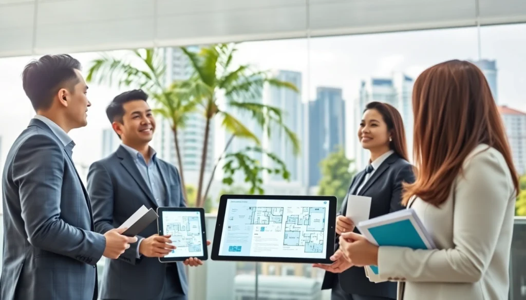 Showcase of https://newdeveloperlaunch.sg new condominiums with real estate professionals in a vibrant urban setting.