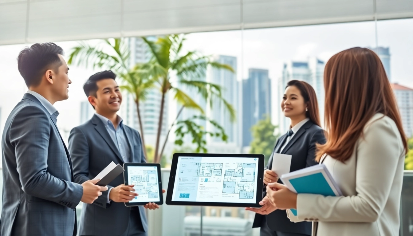 Showcase of https://newdeveloperlaunch.sg new condominiums with real estate professionals in a vibrant urban setting.