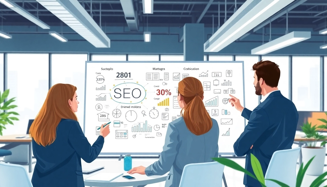 Team strategizing marketing insights for an seo company in a modern office setting.
