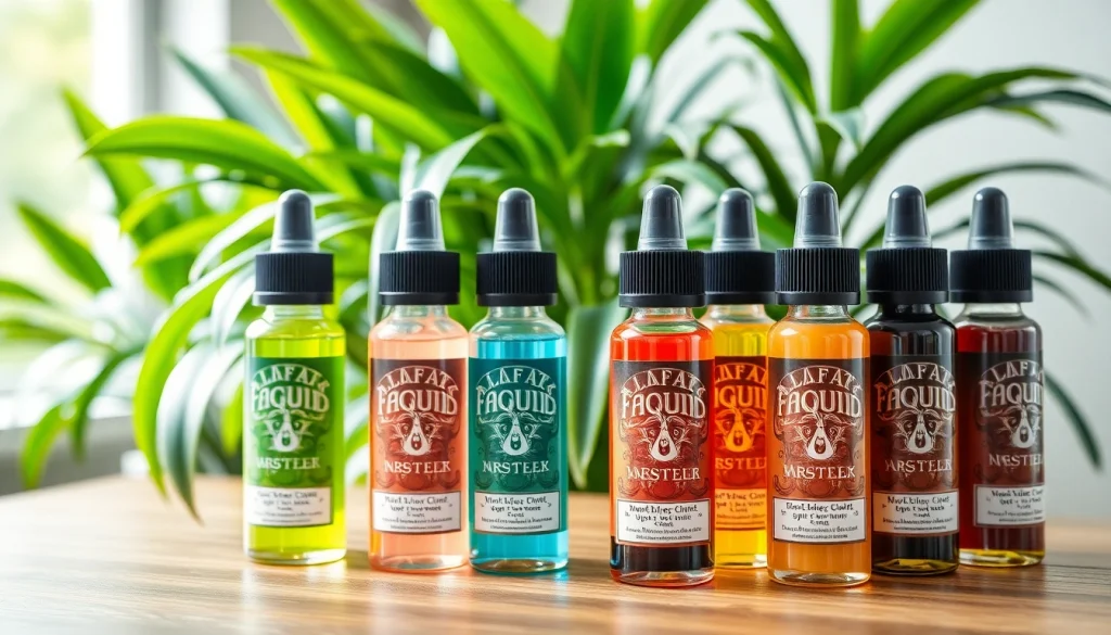 Flüssigkeitsauswahl in bunten Flaschen auf einem Tisch mit Pflanzen im Hintergrund