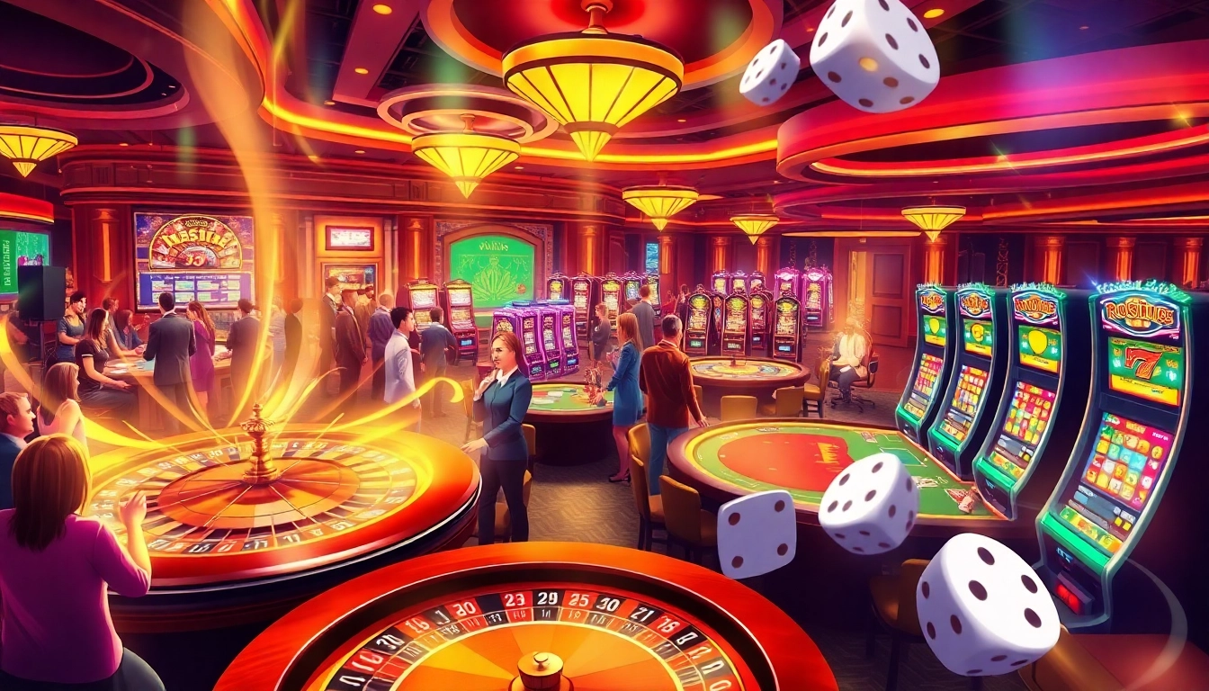 A busy casino scene showcasing roulette wheels, poker tables, and slot machines illustrating KJC AC 2's thrilling entertainment.