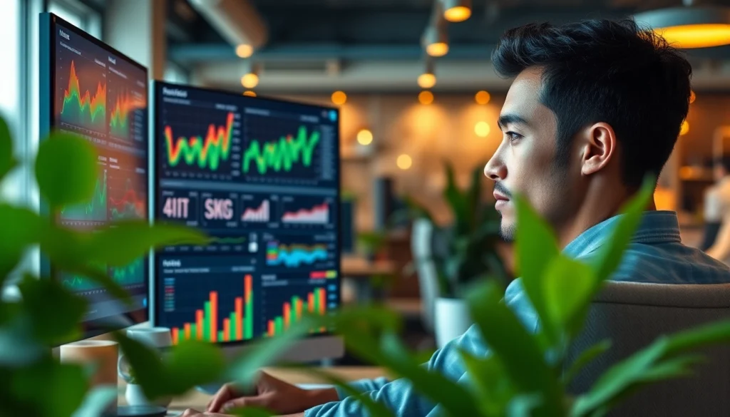 Kooralive insights in a professional digital marketing office with data analysis on screens.